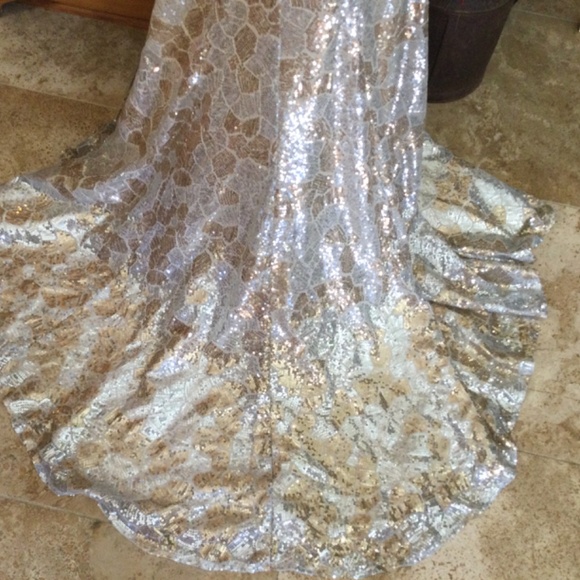 Cire’ Strapless or Halter Silver and Champagne sequine gown, size 4 - Picture 10 of 14